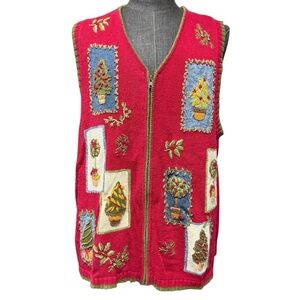 Heirloom Collectibles Christmas Trees Patchwork Zip Vest Holiday Size 2X Felt